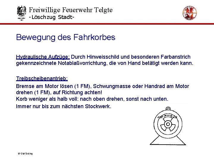 Freiwillige Feuerwehr Telgte -Löschzug Stadt- Bewegung des Fahrkorbes Hydraulische Aufzüge: Durch Hinweisschild und besonderen