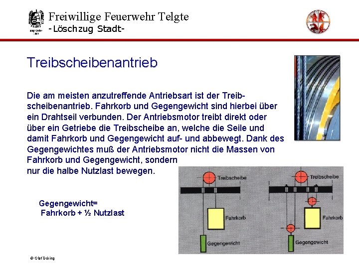 Freiwillige Feuerwehr Telgte -Löschzug Stadt- Treibscheibenantrieb Die am meisten anzutreffende Antriebsart ist der Treibscheibenantrieb.