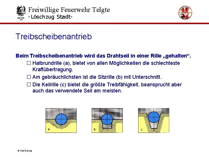 Freiwillige Feuerwehr Telgte -Löschzug Stadt- Treibscheibenantrieb Beim Treibscheibenantrieb wird das Drahtseil in einer Rille