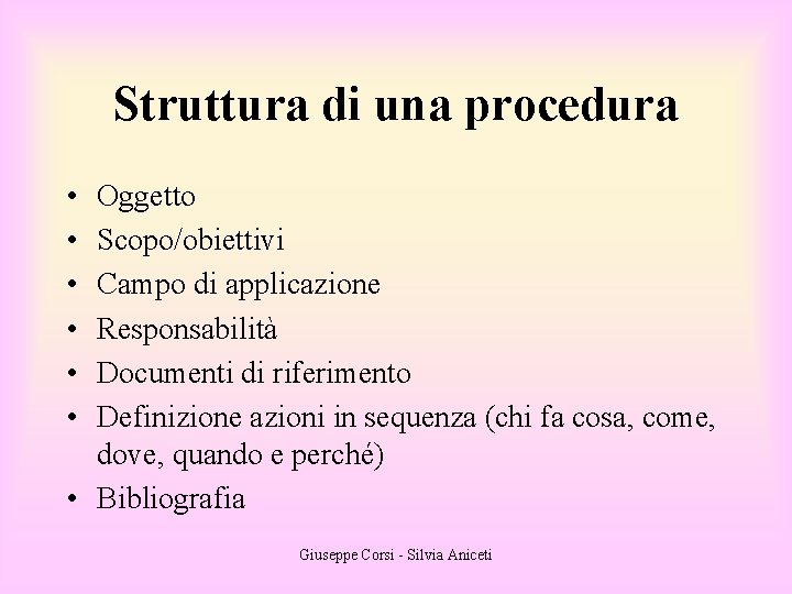 Struttura di una procedura • • • Oggetto Scopo/obiettivi Campo di applicazione Responsabilità Documenti