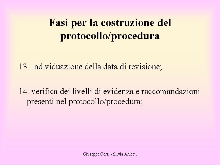 Fasi per la costruzione del protocollo/procedura 13. individuazione della data di revisione; 14. verifica