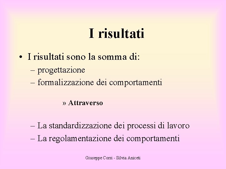 I risultati • I risultati sono la somma di: – progettazione – formalizzazione dei