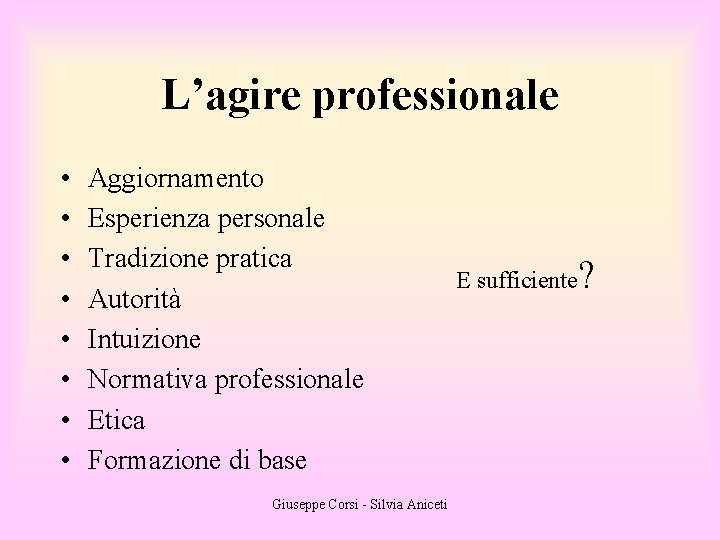 L’agire professionale • • Aggiornamento Esperienza personale Tradizione pratica Autorità Intuizione Normativa professionale Etica