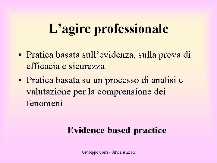 L’agire professionale • Pratica basata sull’evidenza, sulla prova di efficacia e sicurezza • Pratica