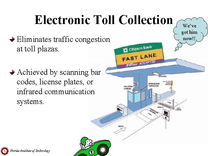Electronic Toll Collection Eliminates traffic congestion at toll plazas. Achieved by scanning bar codes,