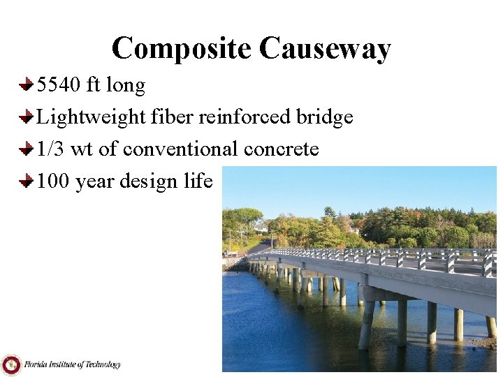 Composite Causeway 5540 ft long Lightweight fiber reinforced bridge 1/3 wt of conventional concrete