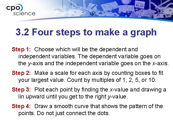 3. 2 Four steps to make a graph Step 1: Choose which will be