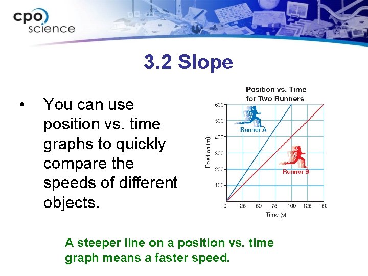 3. 2 Slope • You can use position vs. time graphs to quickly compare
