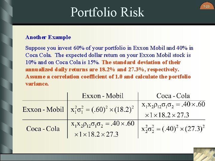 Portfolio Risk Another Example Suppose you invest 60% of your portfolio in Exxon Mobil