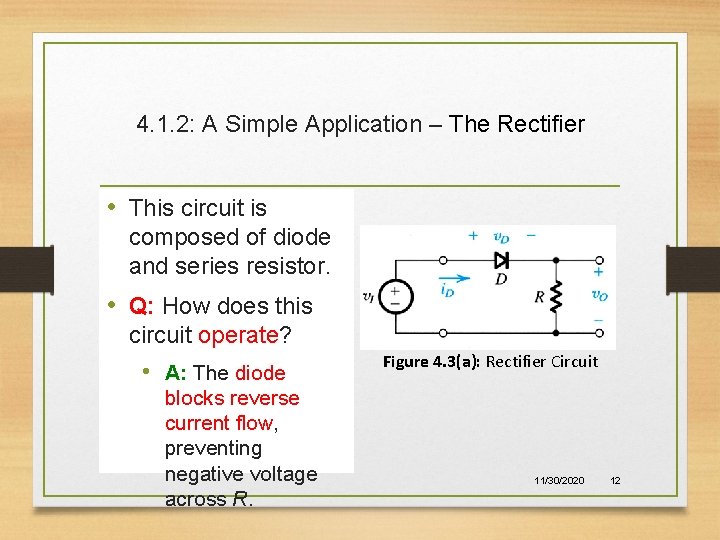 4. 1. 2: A Simple Application – The Rectifier • This circuit is composed