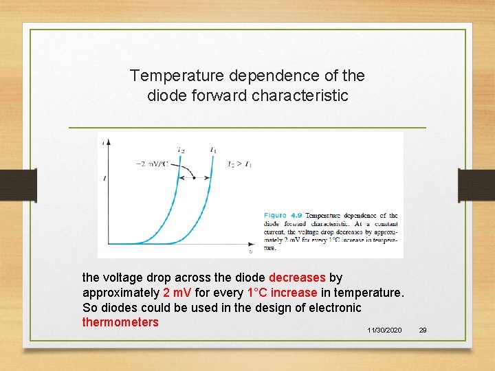 Temperature dependence of the diode forward characteristic the voltage drop across the diode decreases