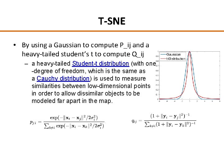 T-SNE • By using a Gaussian to compute P_ij and a heavy-tailed student’s t T-SNE • By using a Gaussian to compute P_ij and a heavy-tailed student’s t