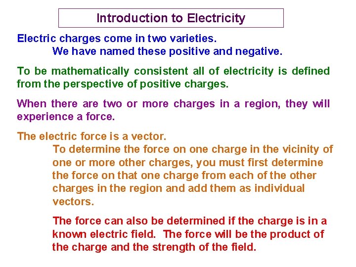 Introduction to Electricity Electric charges come in two varieties. We have named these positive