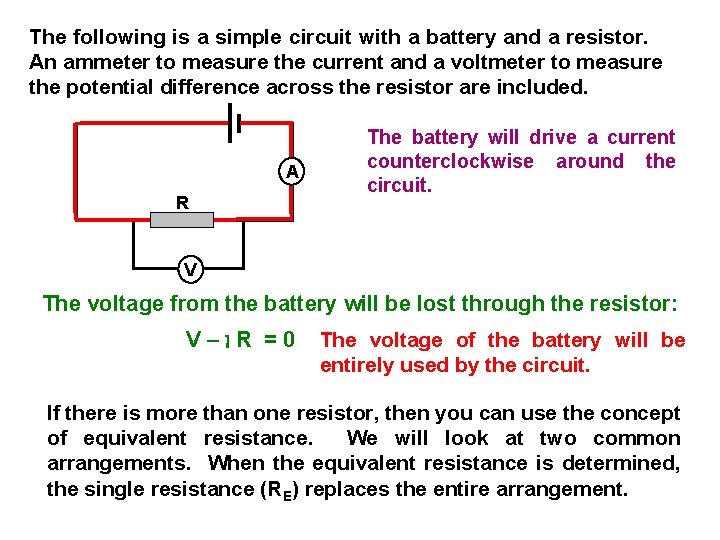 The following is a simple circuit with a battery and a resistor. An ammeter
