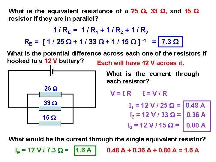 What is the equivalent resistance of a 25 W, 33 W, and 15 W