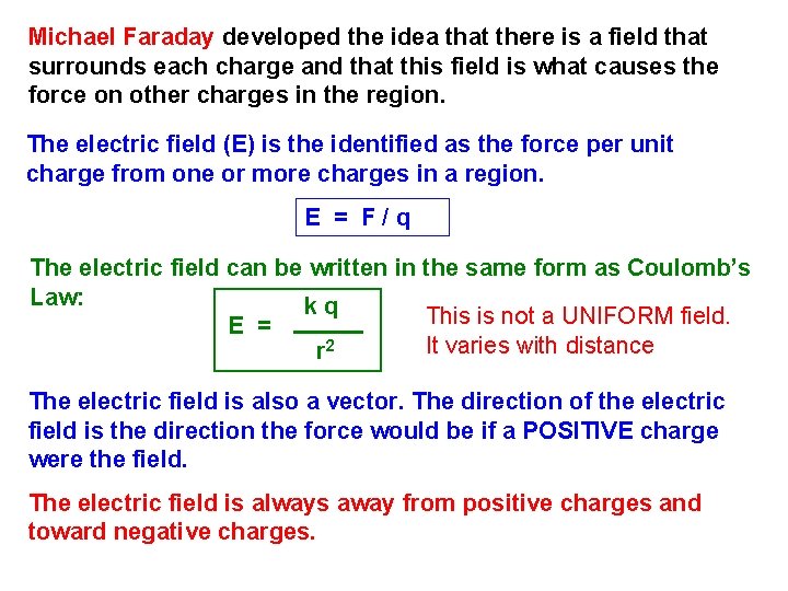 Michael Faraday developed the idea that there is a field that surrounds each charge