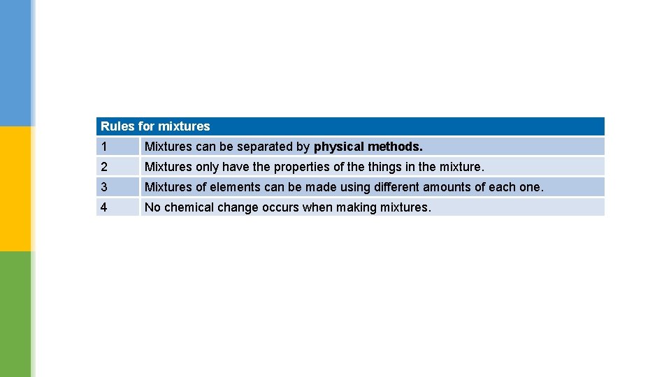 Rules for mixtures 1 Mixtures can be separated by physical methods. 2 Mixtures only