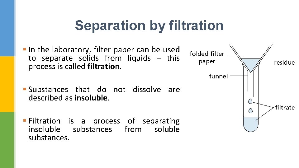 Separation by filtration § In the laboratory, filter paper can be used to separate