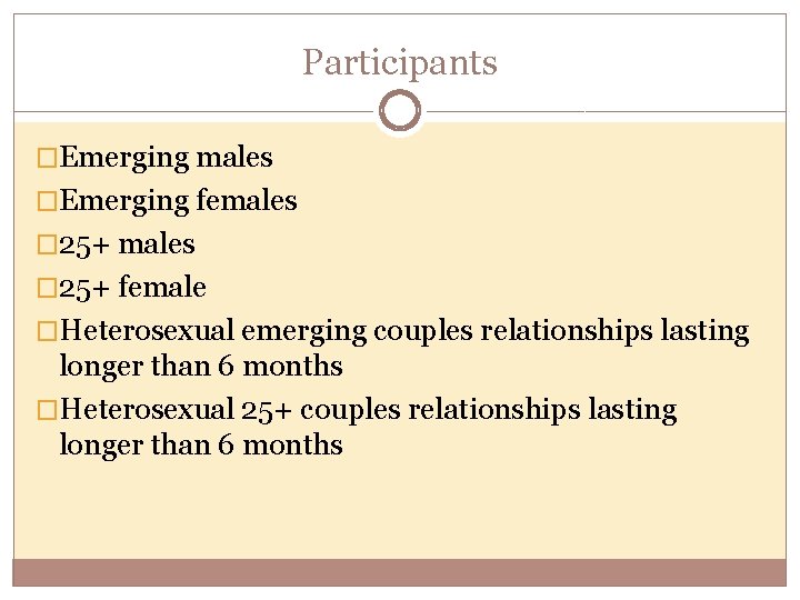 Participants �Emerging males �Emerging females � 25+ female �Heterosexual emerging couples relationships lasting longer Participants �Emerging males �Emerging females � 25+ female �Heterosexual emerging couples relationships lasting longer