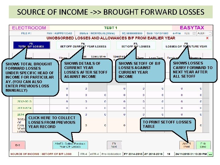 SOURCE OF INCOME ->> BROUGHT FORWARD LOSSES SHOWS TOTAL BROUGHT FORWARD LOSSES UNDER SPECIFIC