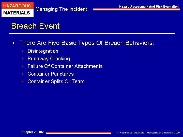 HAZARDOUS MATERIALS Managing The Incident Hazard Assessment And Risk Evaluation Breach Event • There