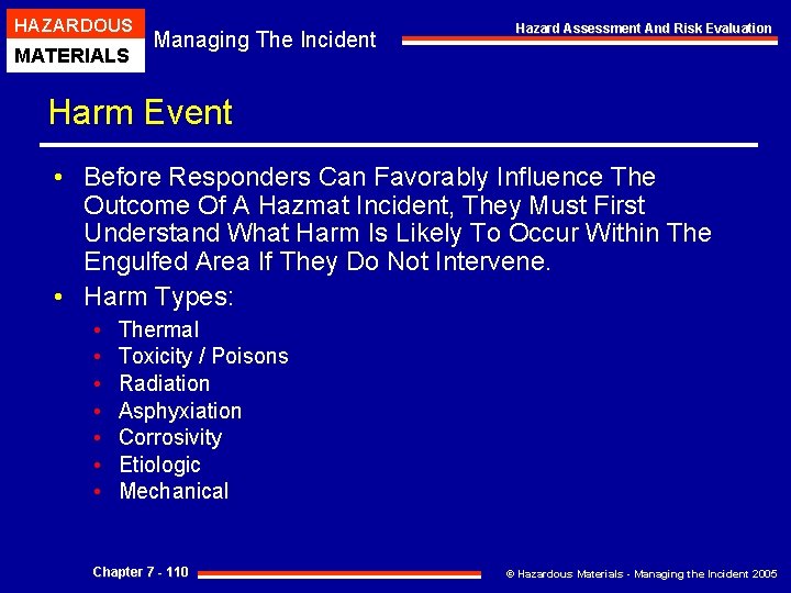 HAZARDOUS MATERIALS Managing The Incident Hazard Assessment And Risk Evaluation Harm Event • Before