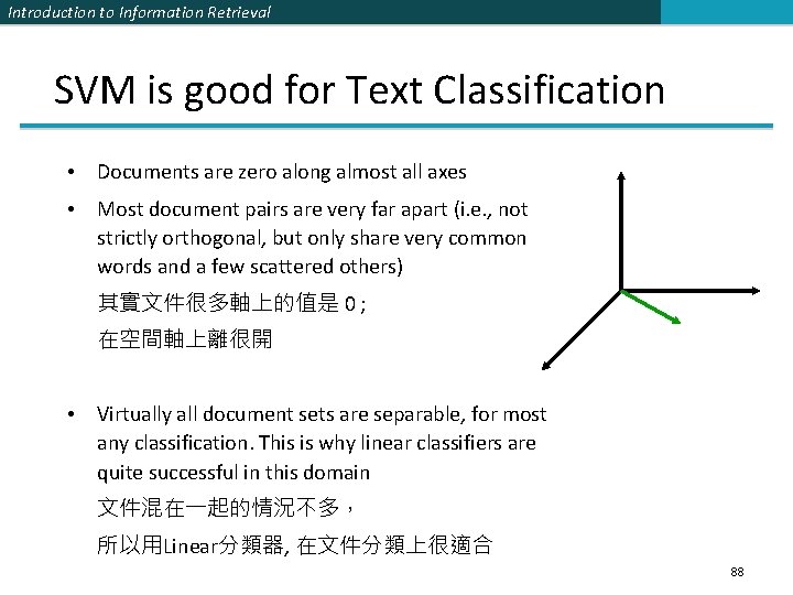 Introduction to Information Retrieval SVM is good for Text Classification • Documents are zero