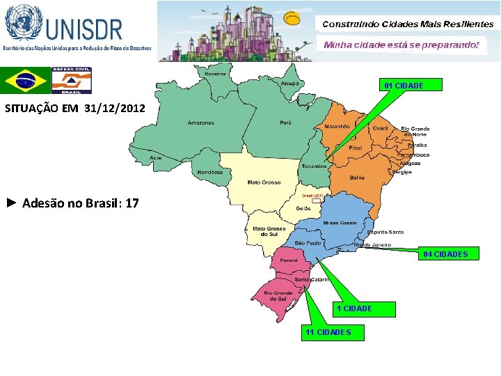 01 CIDADE SITUAÇÃO EM 31/12/2012 ► Adesão no Brasil: 17 04 CIDADES 1 CIDADE