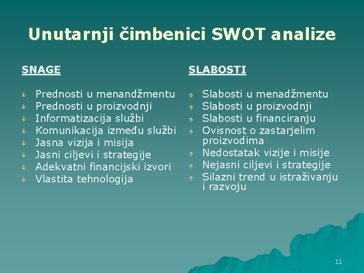 Unutarnji čimbenici SWOT analize SNAGE C C C C Prednosti u menandžmentu Prednosti u