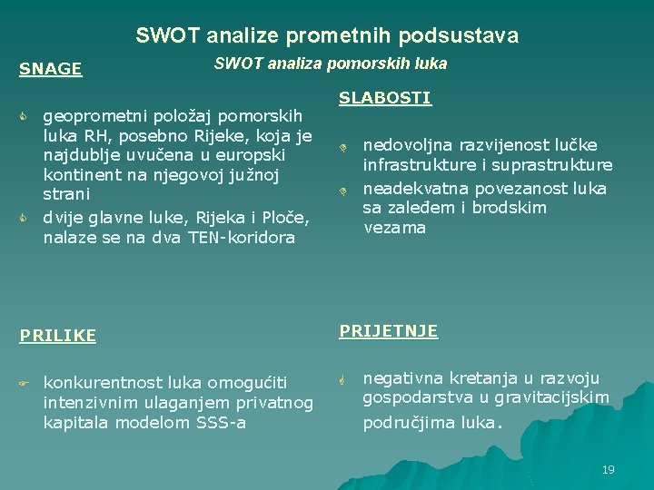 SWOT analize prometnih podsustava SNAGE C C SWOT analiza pomorskih luka geoprometni položaj pomorskih