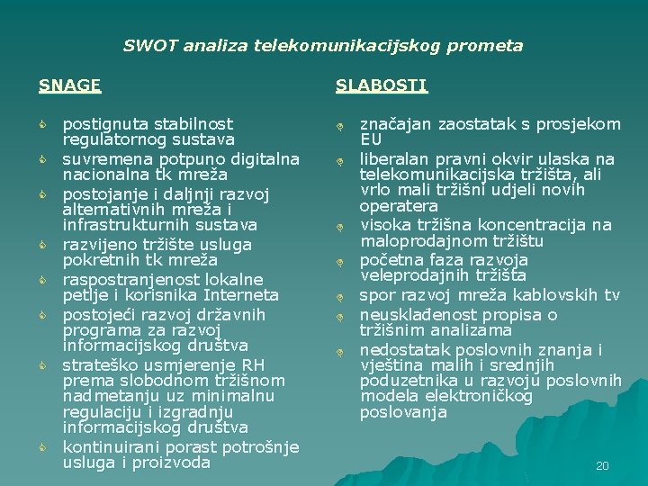 SWOT analiza telekomunikacijskog prometa SNAGE C C C C postignuta stabilnost regulatornog sustava suvremena