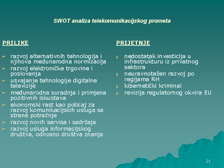 SWOT analiza telekomunikacijskog prometa PRILIKE F F F F razvoj alternativnih tehnologija i njihova