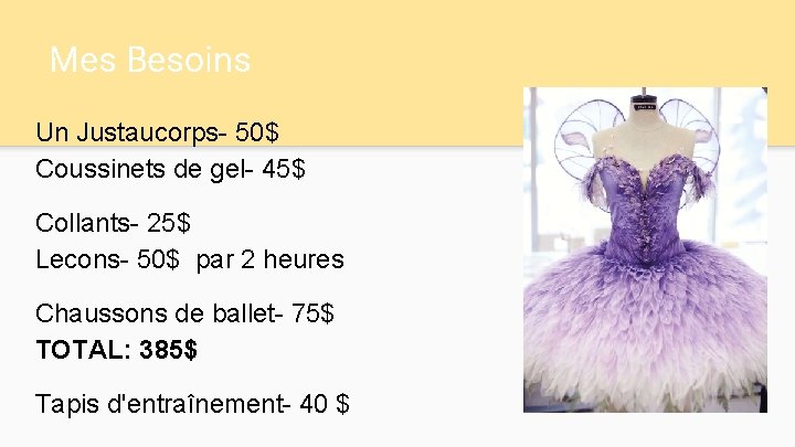 Mes Besoins Un Justaucorps- 50$ Coussinets de gel- 45$ Collants- 25$ Lecons- 50$ par