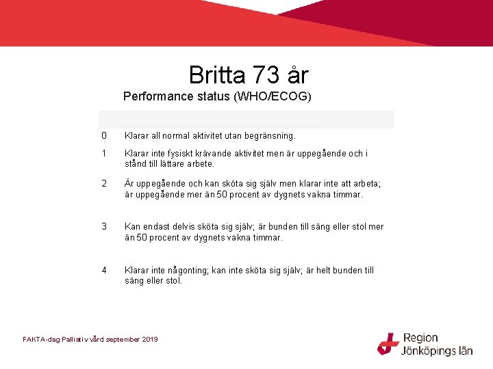 Britta 73 år Performance status (WHO/ECOG) 0 Klarar all normal aktivitet utan begränsning. 1