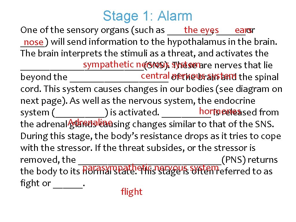 Stage 1: Alarm the eyes______or ears One of the sensory organs (such as _____,