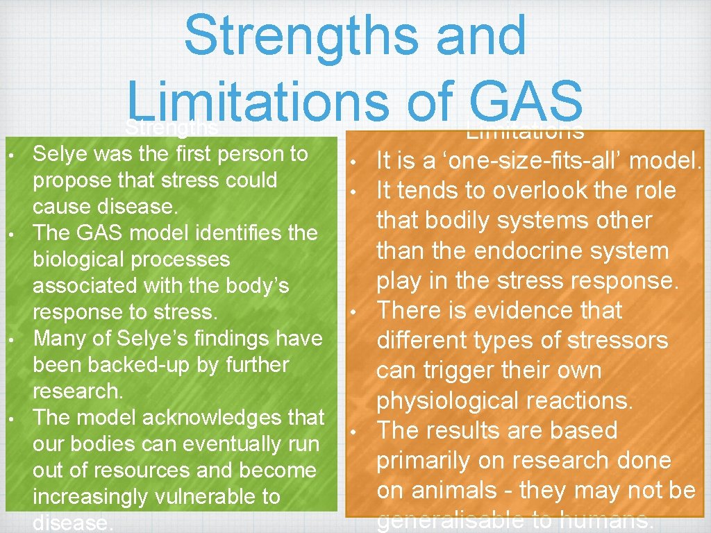 Strengths and Limitations of Limitations GAS • • Strengths Selye was the first person