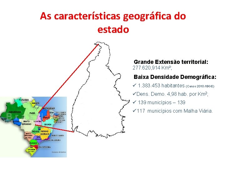 As características geográfica do estado Grande Extensão territorial: 277. 620, 914 Km²; Baixa Densidade