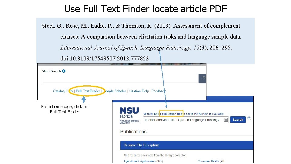 Use Full Text Finder locate article PDF Steel, G. , Rose, M. , Eadie,