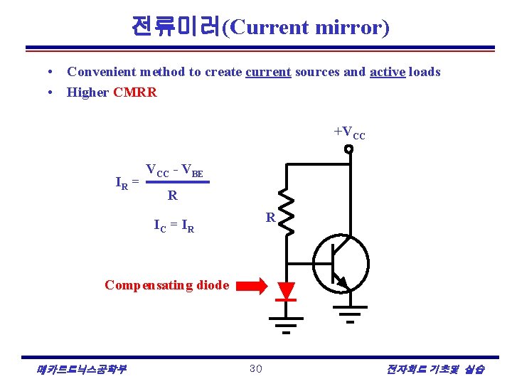 전류미러(Current mirror) • Convenient method to create current sources and active loads • Higher