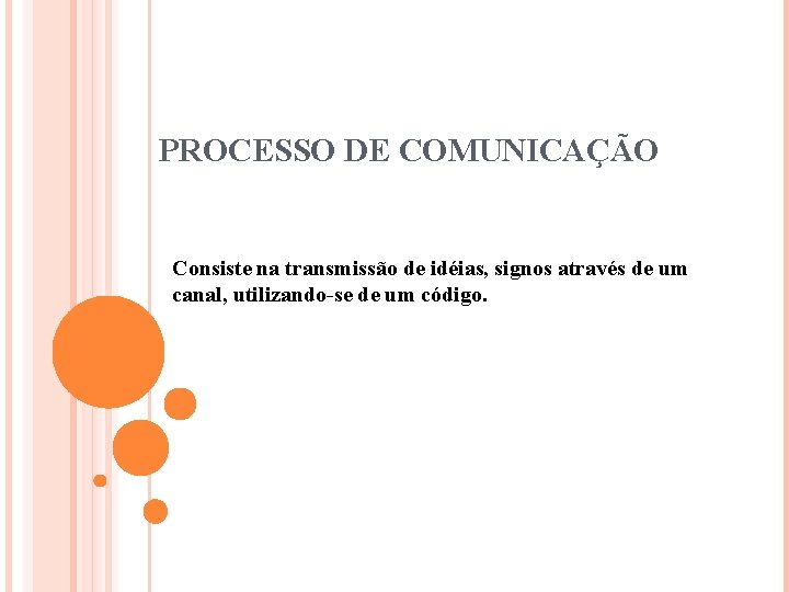 PROCESSO DE COMUNICAÇÃO Consiste na transmissão de idéias, signos através de um canal, utilizando-se