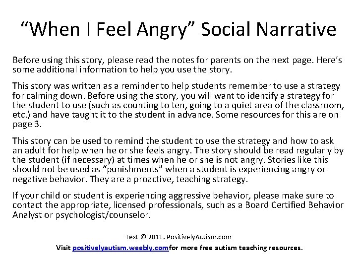 “When I Feel Angry” Social Narrative Before using this story, please read the notes