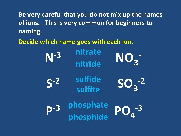 Be very careful that you do not mix up the names of ions. This Be very careful that you do not mix up the names of ions. This