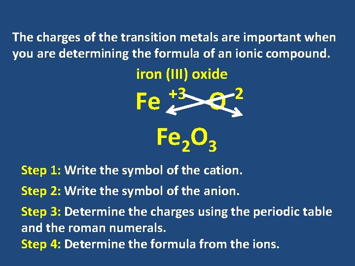 The charges of the transition metals are important when you are determining the formula The charges of the transition metals are important when you are determining the formula
