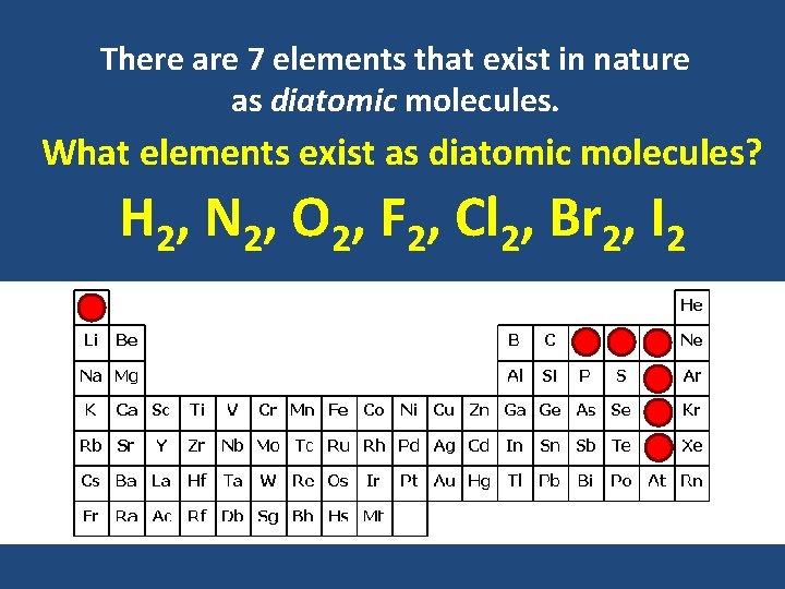 There are 7 elements that exist in nature as diatomic molecules. What elements exist There are 7 elements that exist in nature as diatomic molecules. What elements exist