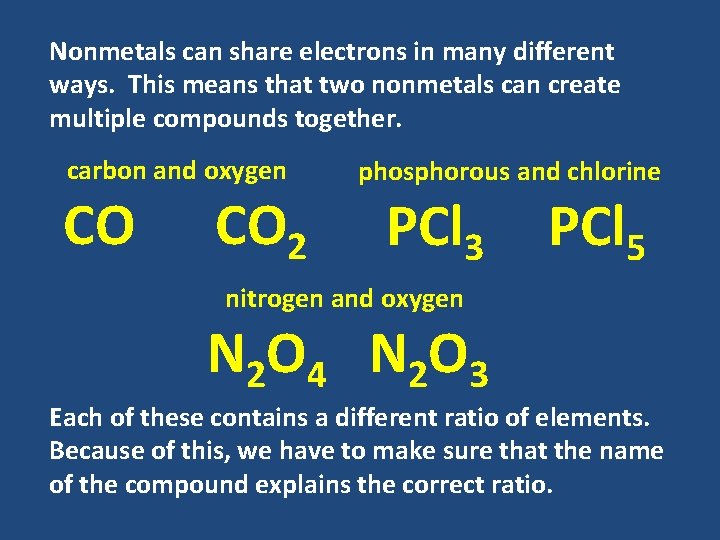 Nonmetals can share electrons in many different ways. This means that two nonmetals can Nonmetals can share electrons in many different ways. This means that two nonmetals can