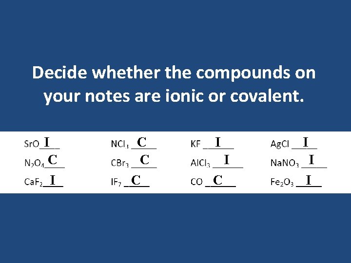 Decide whether the compounds on your notes are ionic or covalent. I C C Decide whether the compounds on your notes are ionic or covalent. I C C