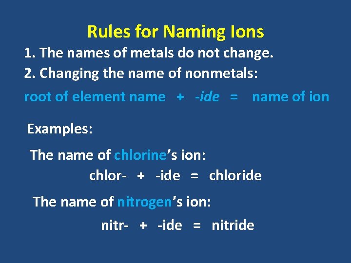 Rules for Naming Ions 1. The names of metals do not change. 2. Changing Rules for Naming Ions 1. The names of metals do not change. 2. Changing