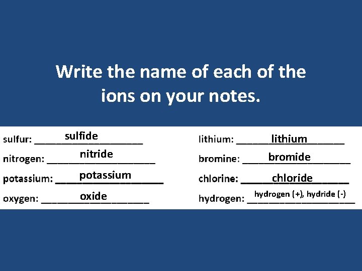 Write the name of each of the ions on your notes. sulfide nitride potassium Write the name of each of the ions on your notes. sulfide nitride potassium