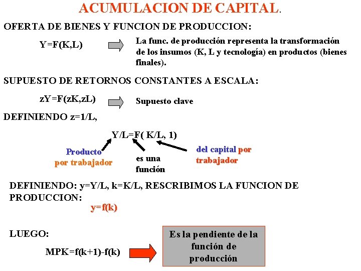 ACUMULACION DE CAPITAL. OFERTA DE BIENES Y FUNCION DE PRODUCCION: La func. de producción