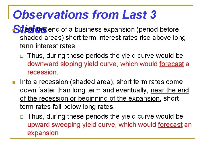 Observations from Last 3 Near the end of a business expansion (period before Slides